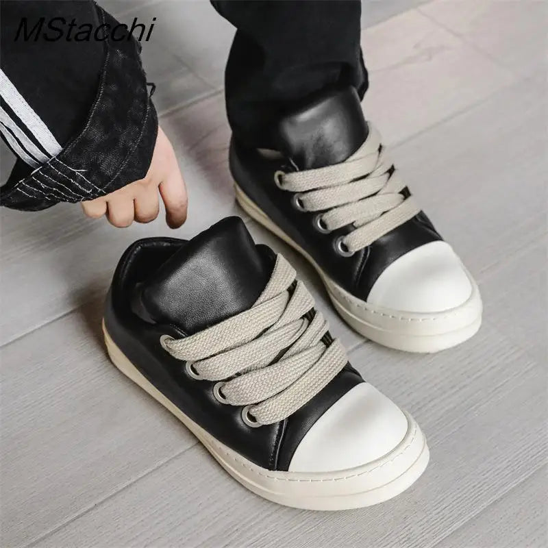 Women's Platform Sneakers™ Black Leather Zipper Lace Up Casual Shoes
