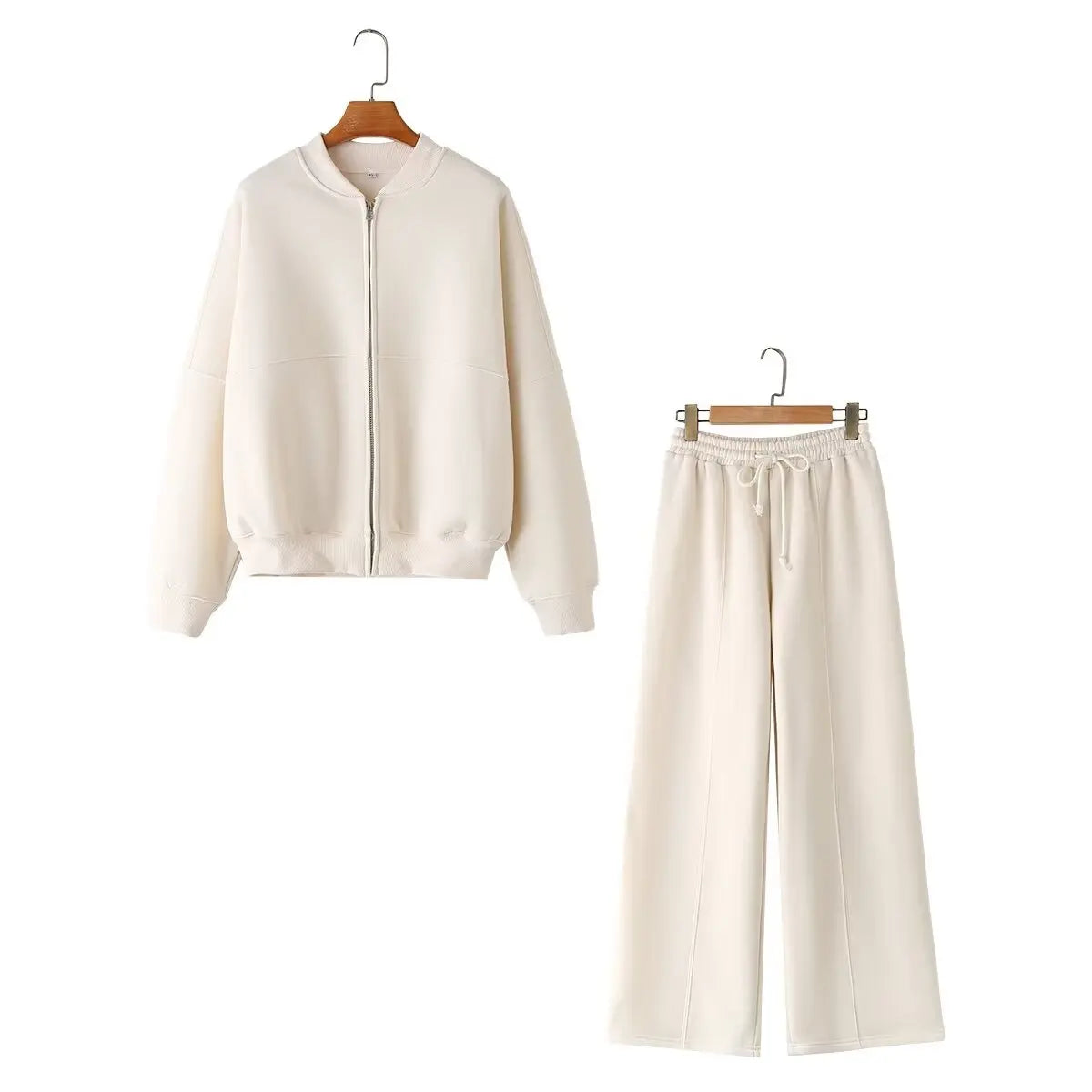 TRAFZA Women's Suits™ Retro Zip Bomber Jacket Sweatshirt and High Waist Lace Up Wide Leg Pants