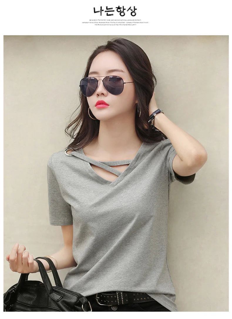 Women Short Sleeve Heart-neck T-shirt™ Half-sleeve Loose Tops