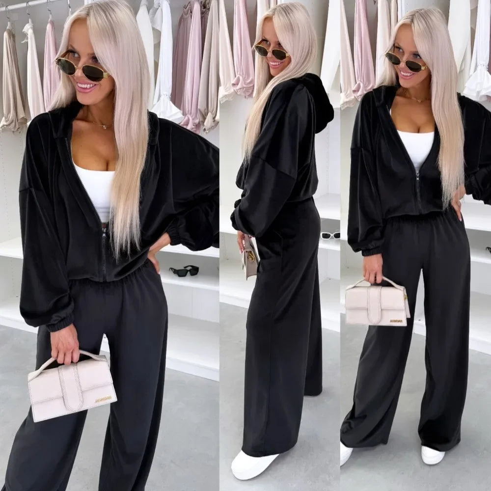 Women's  Casual Outfit™ Zipper Hooded Cardigan + Wide Leg Pants Two Piece Set
