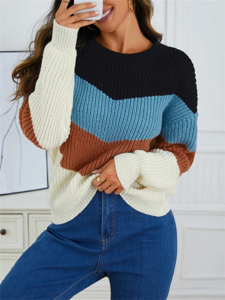 Women's O Neck Sweater™ Splicing Color Striped Long Sleeve Knitwear
