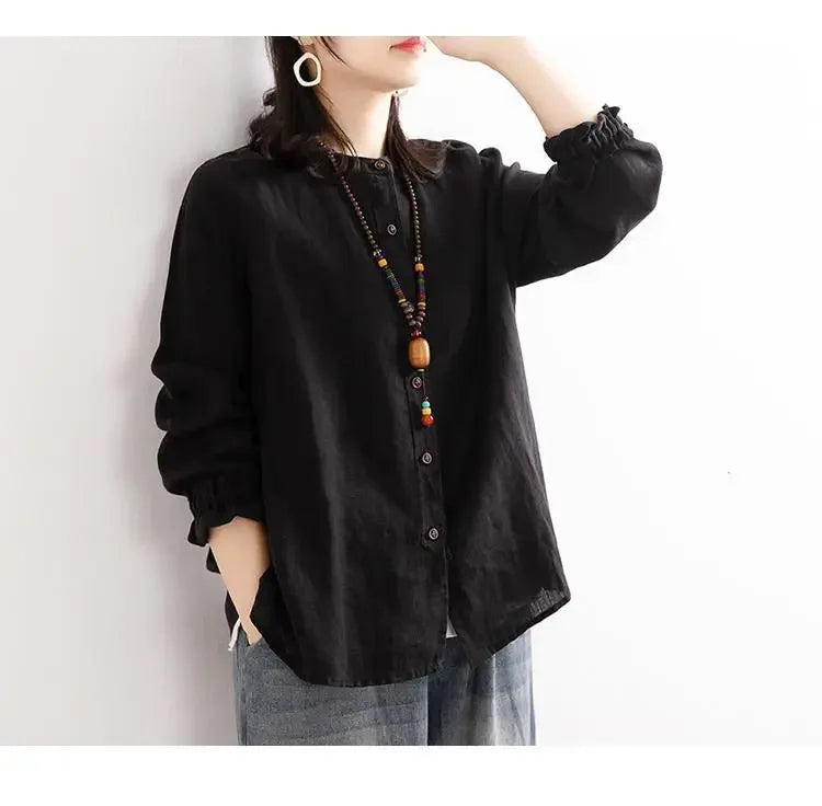 Women's Cotton Linen Shirts™ Loose Fit Round Neck Plus Lantern Sleeve Shirt