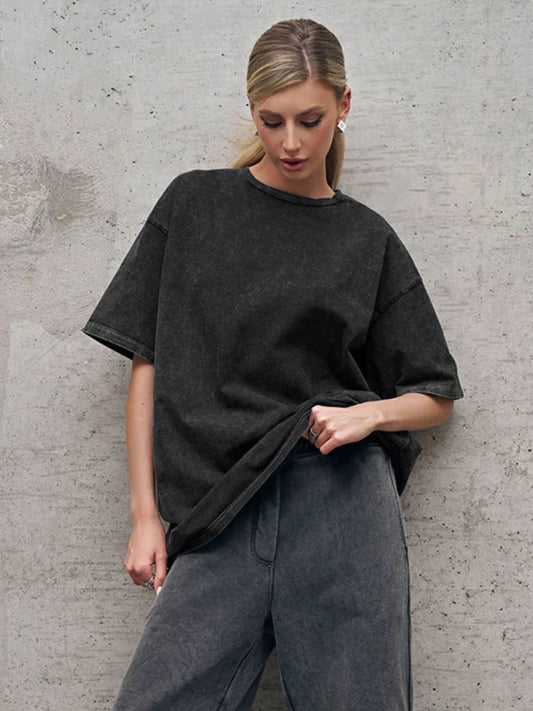 Women's Cotton Washed T-shirt™ O-Neck Oversized Solid Short Sleeve Tops