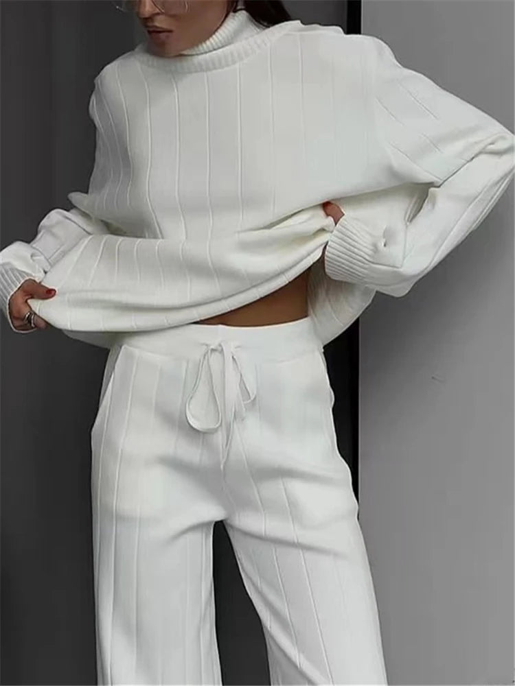 REALEFT Women's Knitted Tracksuit™ Turtleneck Sweater and Straight Jogging Pant Suits