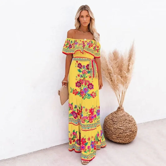 Women's Spring Summer Dresses™ Stand Off-shoulder Red Flower Printing Long Oversized Wide Hemline Sleeveless Dress
