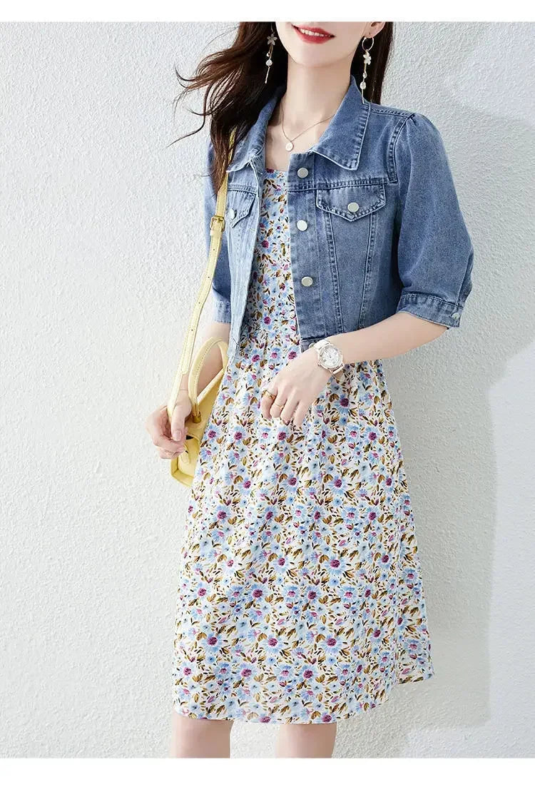 Women's Vintage Crops Turn Down Collar Jackets™ Half Sleeve Denim Fit Harajuku Outwear