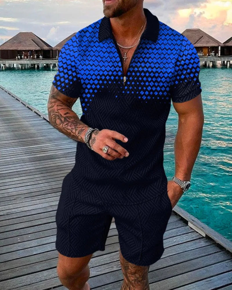 Men's Shorts Set™ Short Sleeve Zip Polo Shirt Street T-shirt Two Piece Casual Sportswear
