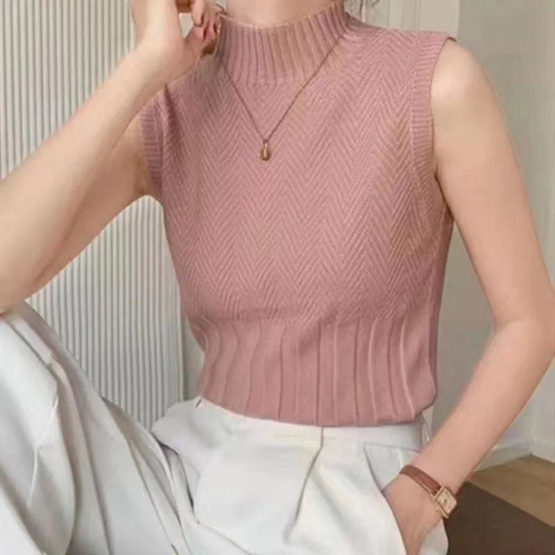 Women's HELIAR Summer Knitted Tank Tops™ Solid Sleeveless Half High Collar Slim Base T-Shirts