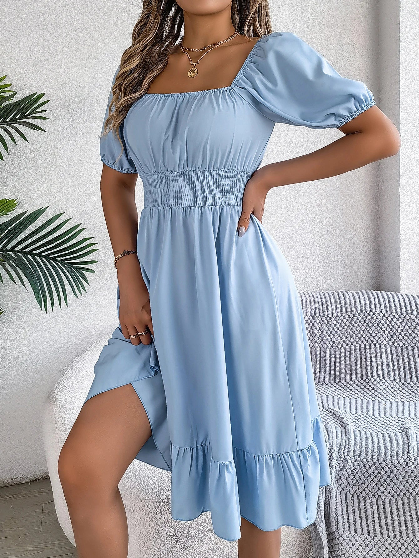 Women's Solid Puff Sleeve Square Neck Dress™ Ruched Bust Ruffle Hem Waist Dress,