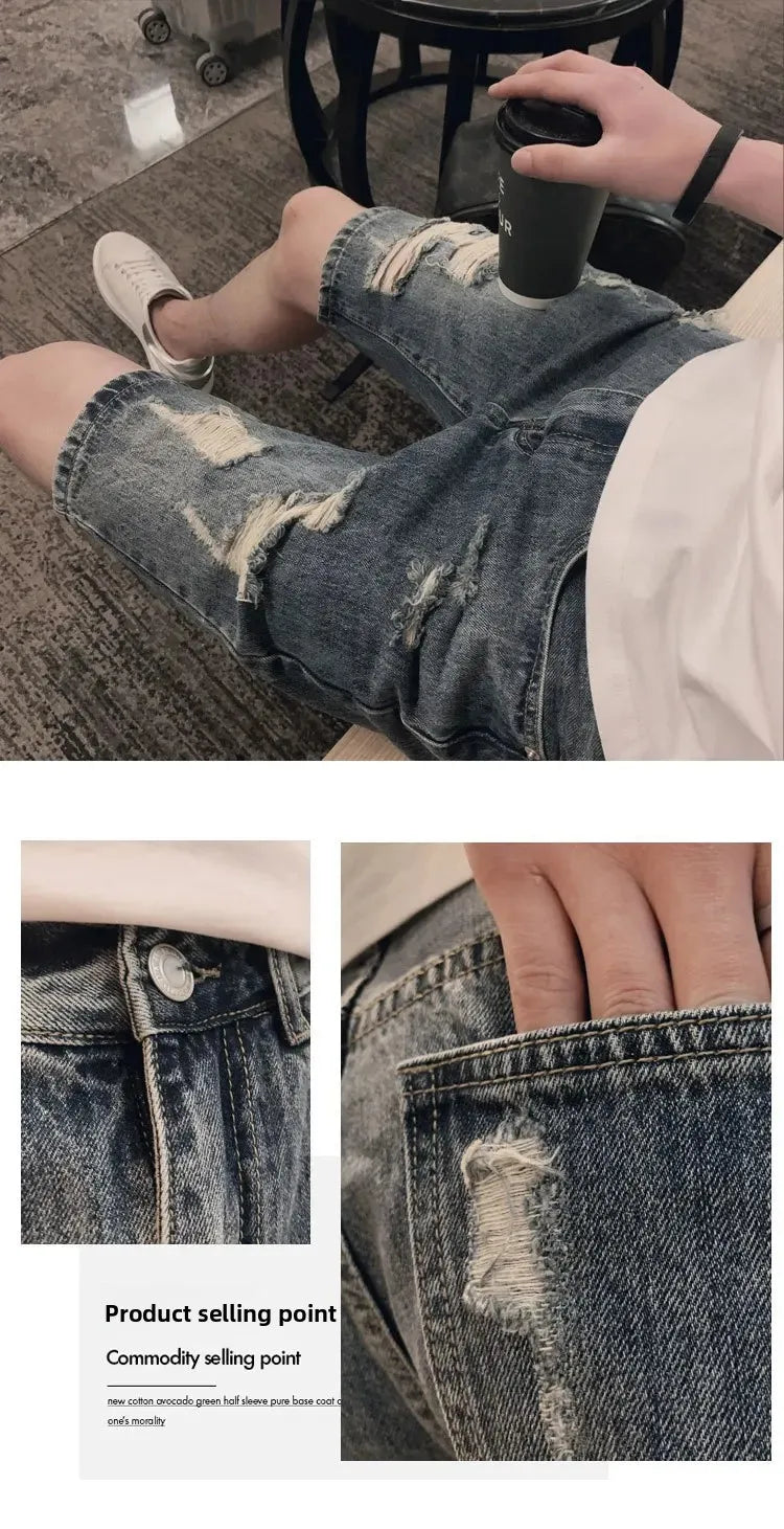 Men's Ripped Denim Shorts™ Casual Loose Straight Leg Five-Point Mid-Pants Summer Shorts