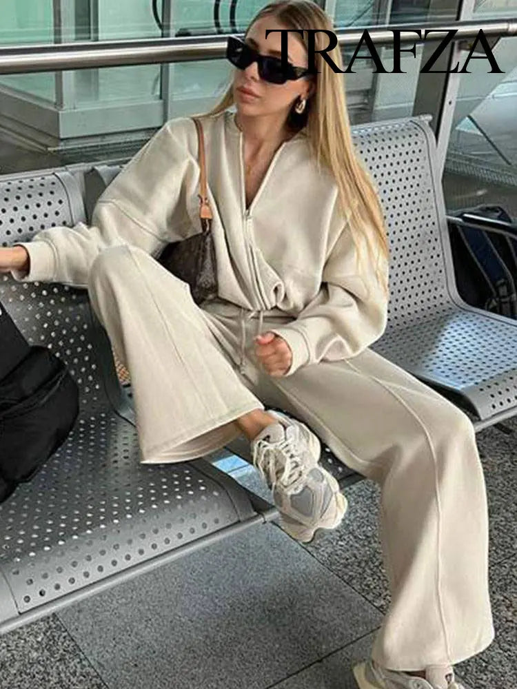 TRAFZA Women's Suits™ Retro Zip Bomber Jacket Sweatshirt and High Waist Lace Up Wide Leg Pants