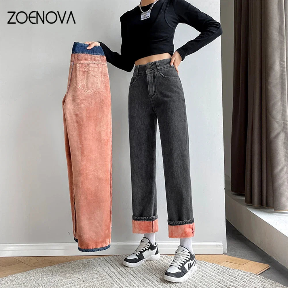 Women's Fleece Wide Leg Jeans™ Winter Warm Vintage Baggy High Waist Loose Straight Denim Pants