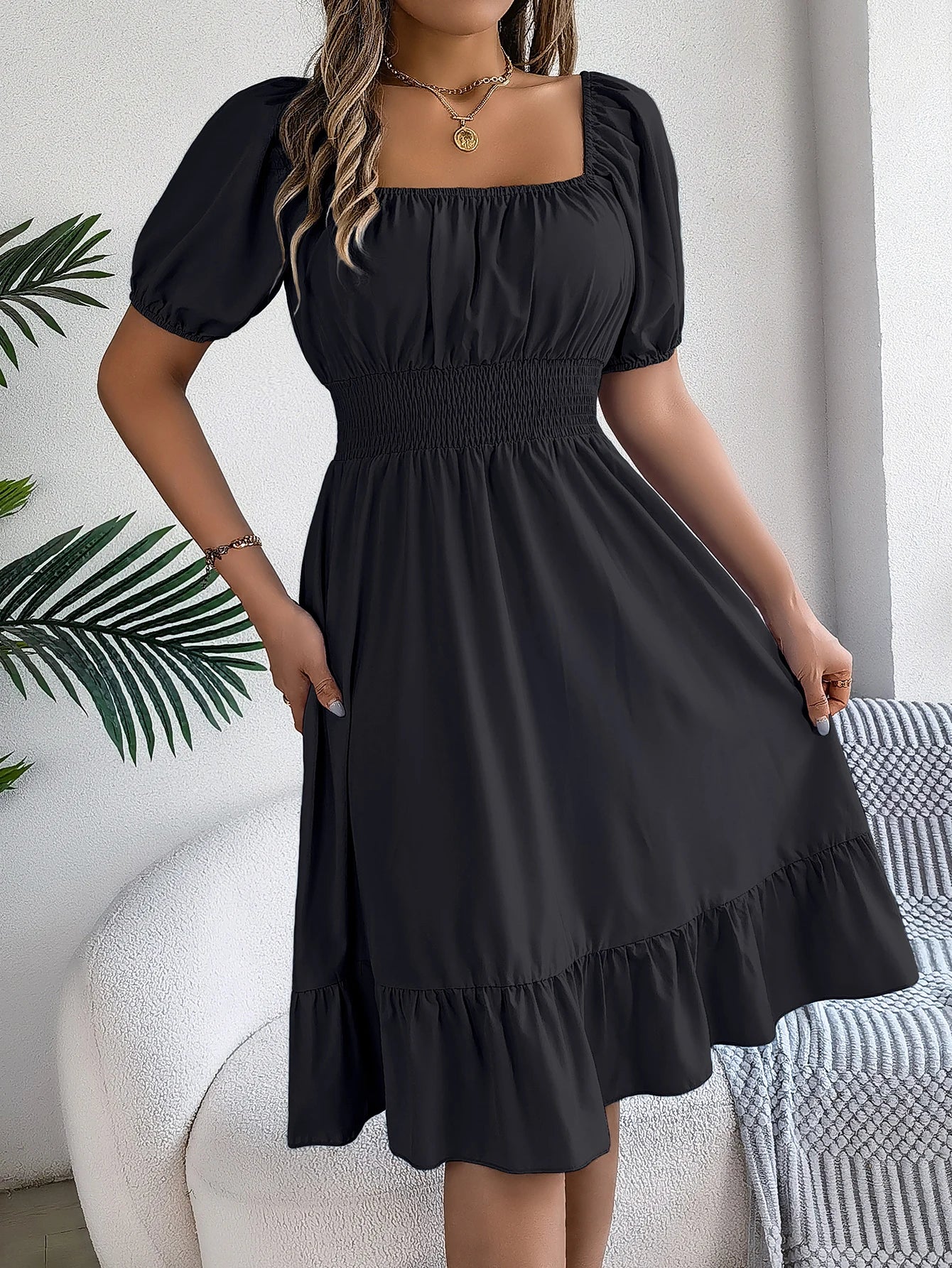 Women's Solid Puff Sleeve Square Neck Dress™ Ruched Bust Ruffle Hem Waist Dress,