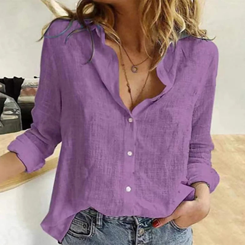 Women's Elegant Cotton Linen Shirts™ Casual Solid Button Lapel Long Sleeve Loose Shirts