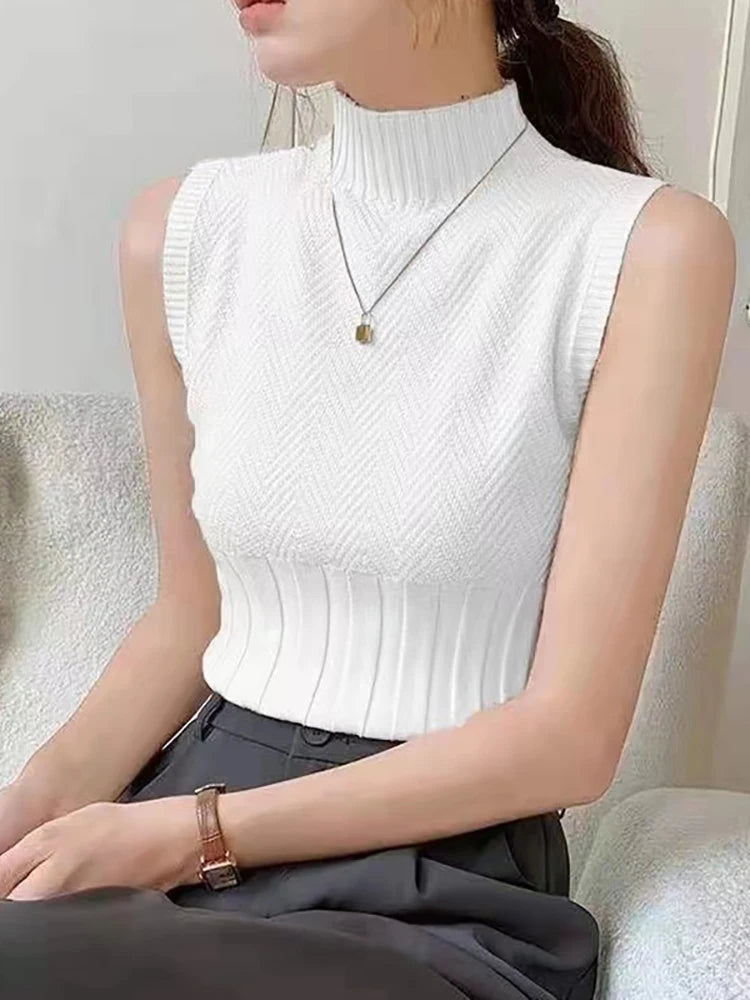 Women's HELIAR Summer Knitted Tank Tops™ Solid Sleeveless Half High Collar Slim Base T-Shirts