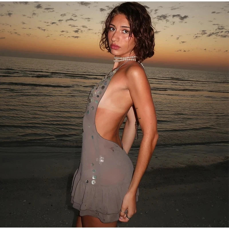 Women's Halter Sequin Ruffled Mini Dress™ V-neck Sleeveless Lace Up Backless Pleated Dresses