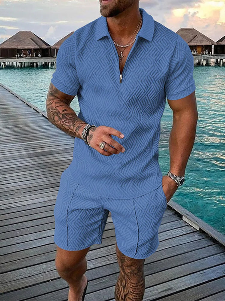 Men's Shorts Set™ Short Sleeve Zip Polo Shirt Street T-shirt Two Piece Casual Sportswear