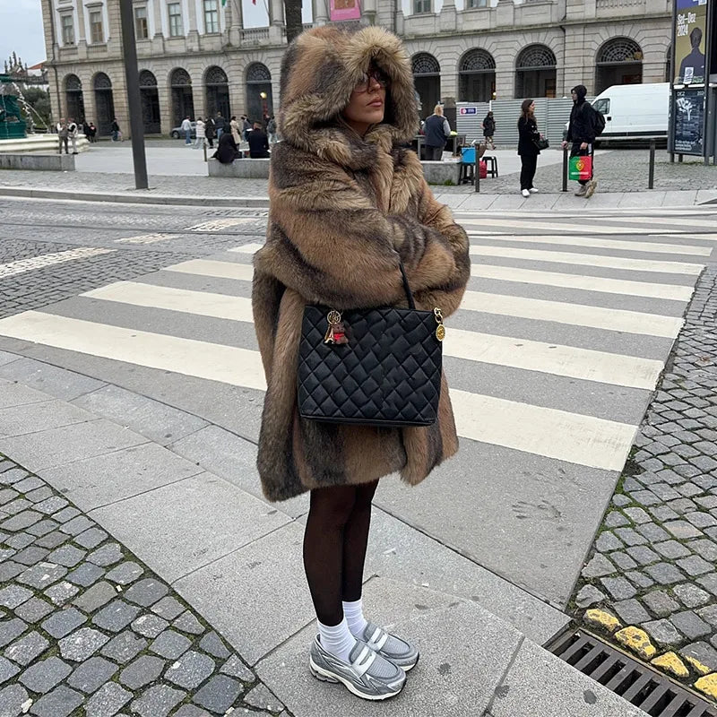 Women's Brown Faux Fur Hooded Coat™  Women Fluffy Loose Long Sleeve Furry Thick Warm Jacket