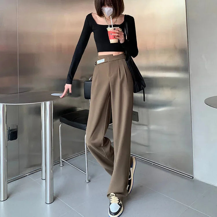 Women's High-Waisted Draped Bell Bottom Trousers™ Loose-Fit Floor-Length Straight-Leg Pants