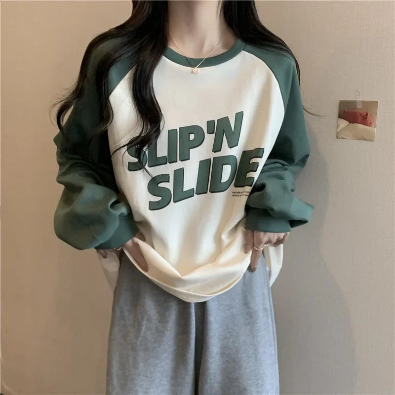 Women's Letter Printed T-Shirt™ Autumn Winter Thickened Frosted Color Block Shoulder Sleeve Lazy Loose Large Version Round Neck T-Shirt