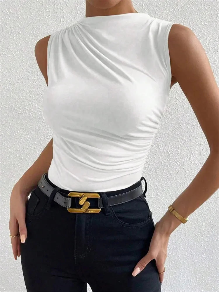 Women's Casual Mock Neck Tank Tops™ Solid Color Slim Fit Pleated Sleeveless T Shirt