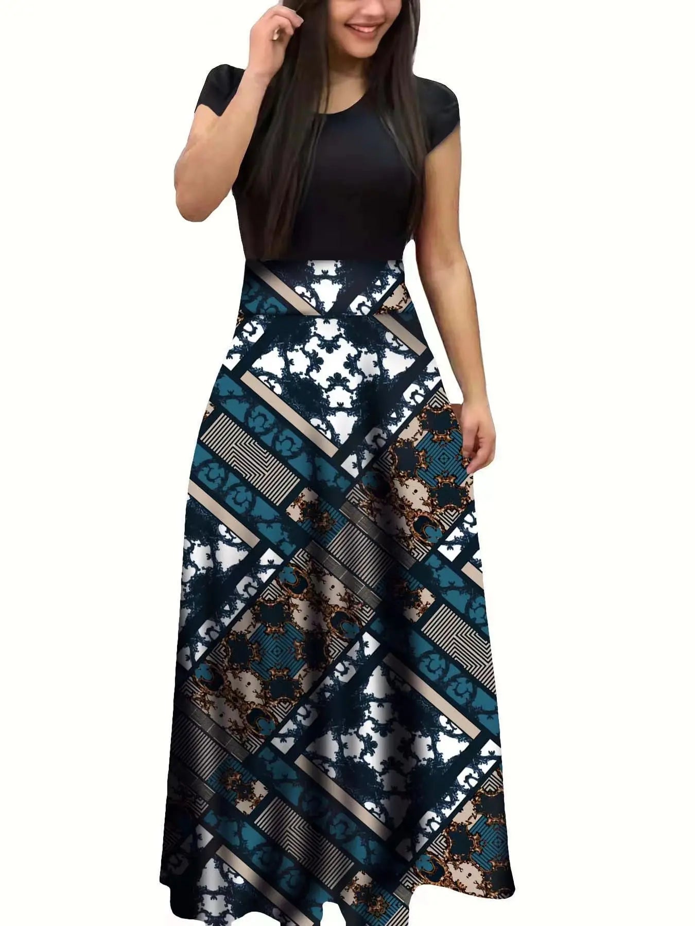 Women's Short Sleeves Dress™ Style flower print color matching short sleeved dresses