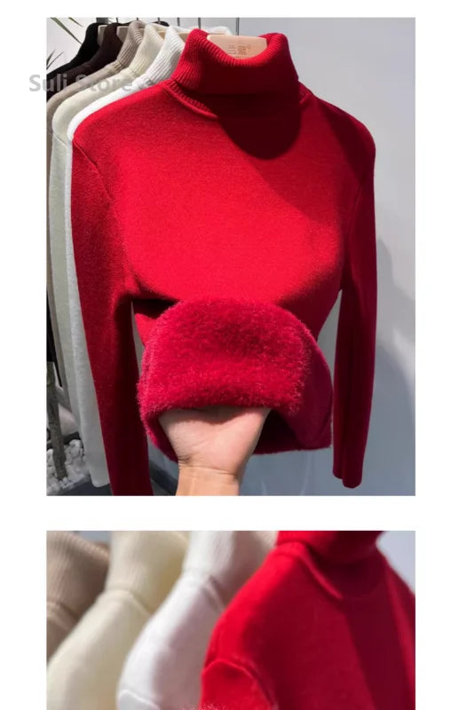 Women's Turtleneck Sweater™ Retro Red with Velvet Lining Thickened Inner Wear Thermal Knitting Bottoming Shirt