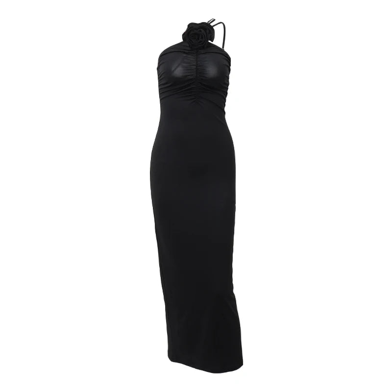 Women's Solid Sleeveless Slim Dress Aesthetic Oblique Strap Backless Prom Dresses