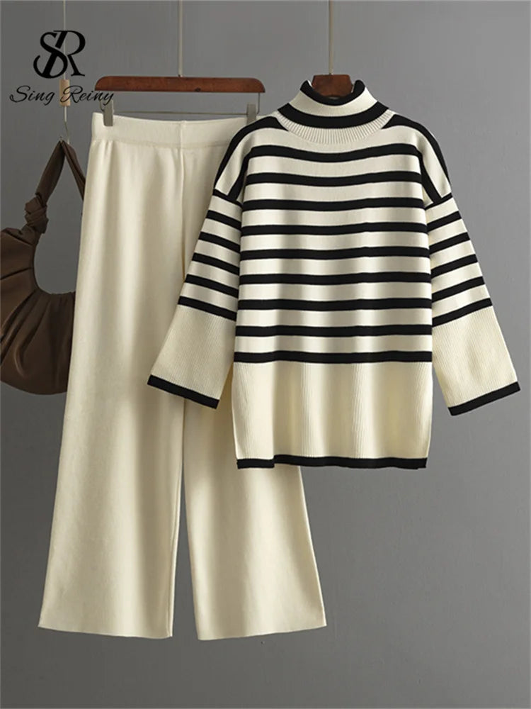 Women's Suits™ SINGREINY Striped Turtleneck Sweater High Waist Wide Leg Pants Knitted Loose Suits