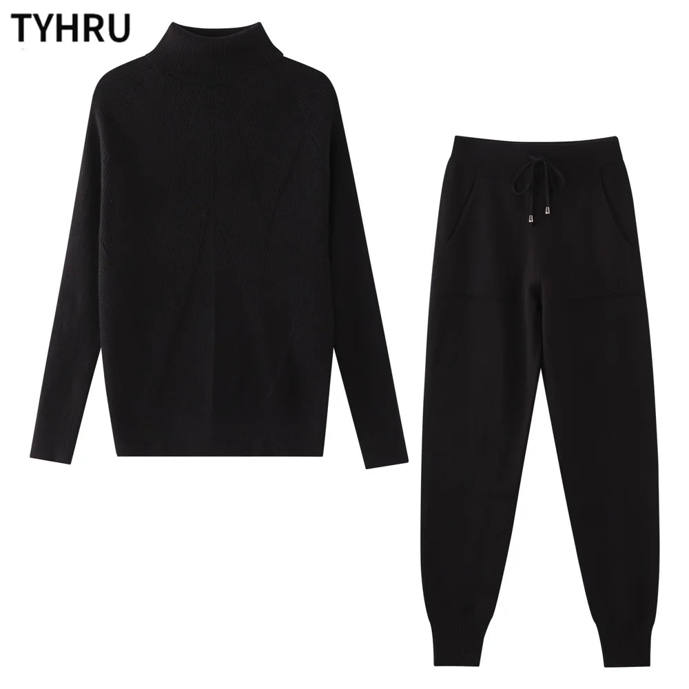 Women's tracksuit™ TYHRU Autumn Winter Knitted Striped Turtleneck Sweater and Elastic Trousers Set