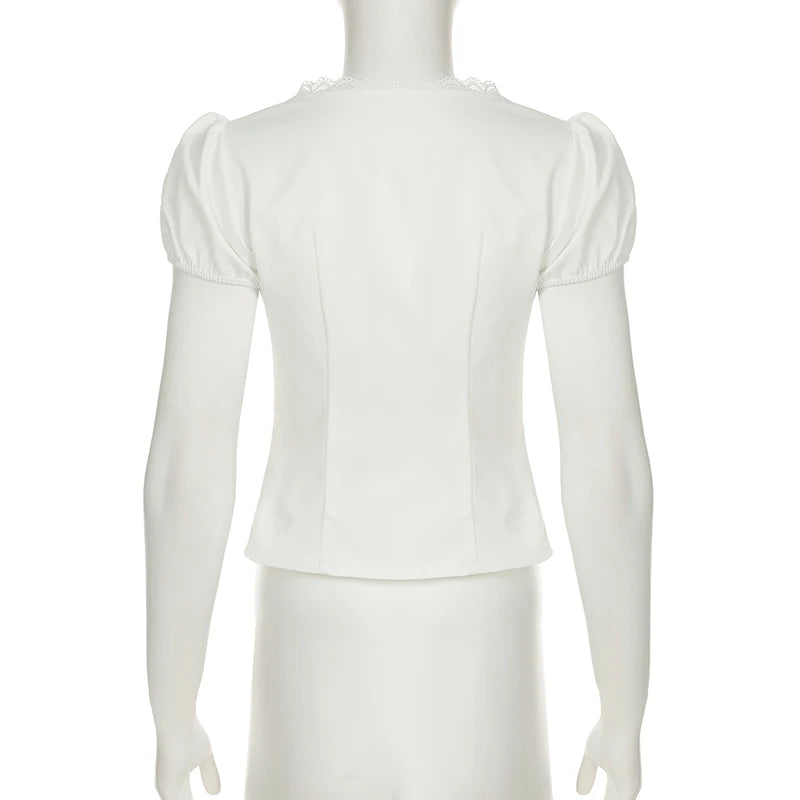 Women's Summer T-Shirt™  V-neck Lace Patchwork French Style Puff Sleeve White Blouse Y2K Aesthetics Cute Tops
