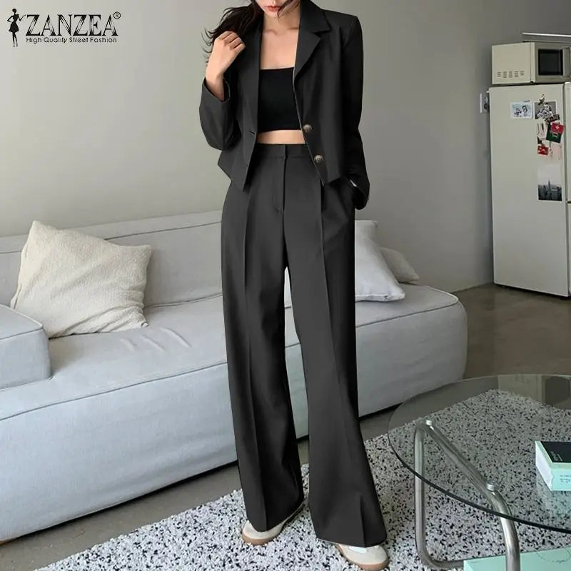 Women's Vintage Tracksuit™ ZANZEA Elegant Blazer Long Sleeve Tops Wide Leg Pants Work Suit