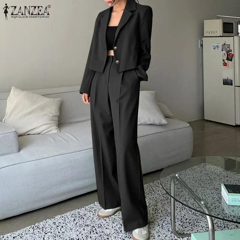 Women's Vintage Tracksuit™ ZANZEA Elegant Blazer Long Sleeve Tops Wide Leg Pants Work Suit