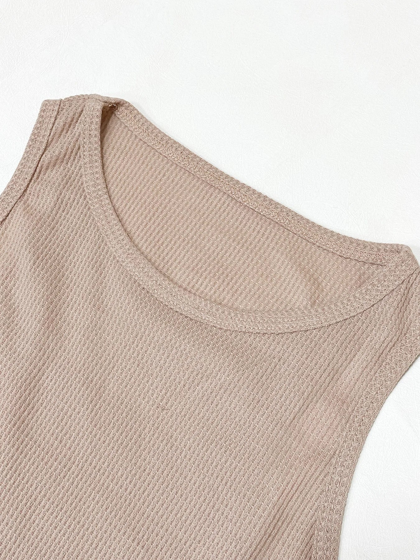 Women's Solid Waffle Textured Shorts Set™ Breathable O-Neck Crop Tank Top & Drawstring Shorts Set