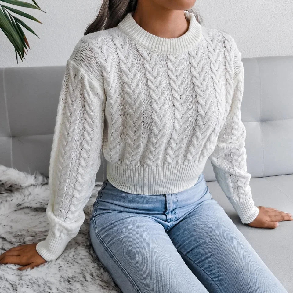 Women's Knit Sweater™ Long Sleeve Crew Neck Crop Cable Tops