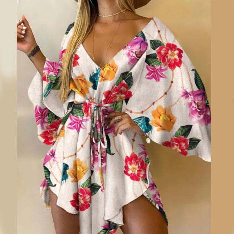 Women's Print V-Neck Bat Sleeve Ruffe Dress™ Flowers Print Bohemian Beach Mini Dresses