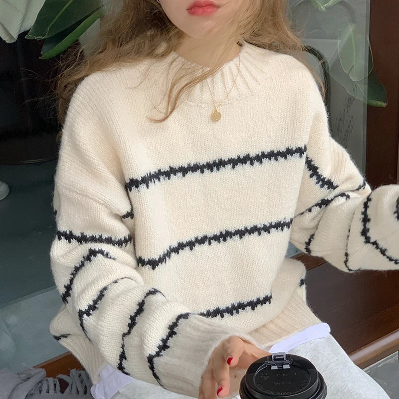 Women's Casual Pullovers™ Knitted Korean Loose Striped O-neck Long Sleeve Sweater