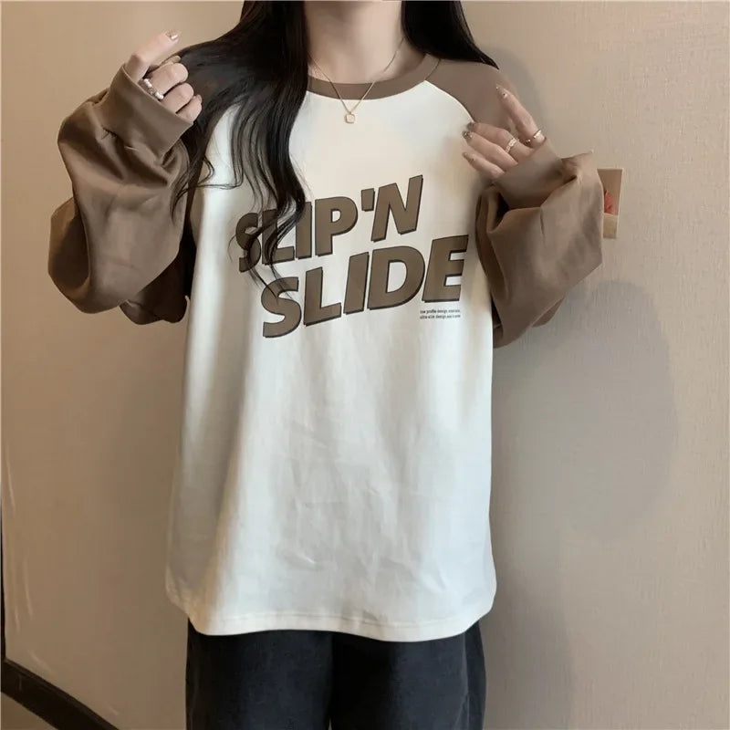 Women's Letter Printed T-Shirt™ Autumn Winter Thickened Frosted Color Block Shoulder Sleeve Lazy Loose Large Version Round Neck T-Shirt