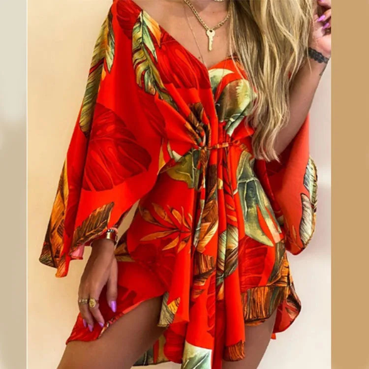 Women's Print V-Neck Bat Sleeve Ruffe Dress™ Flowers Print Bohemian Beach Mini Dresses