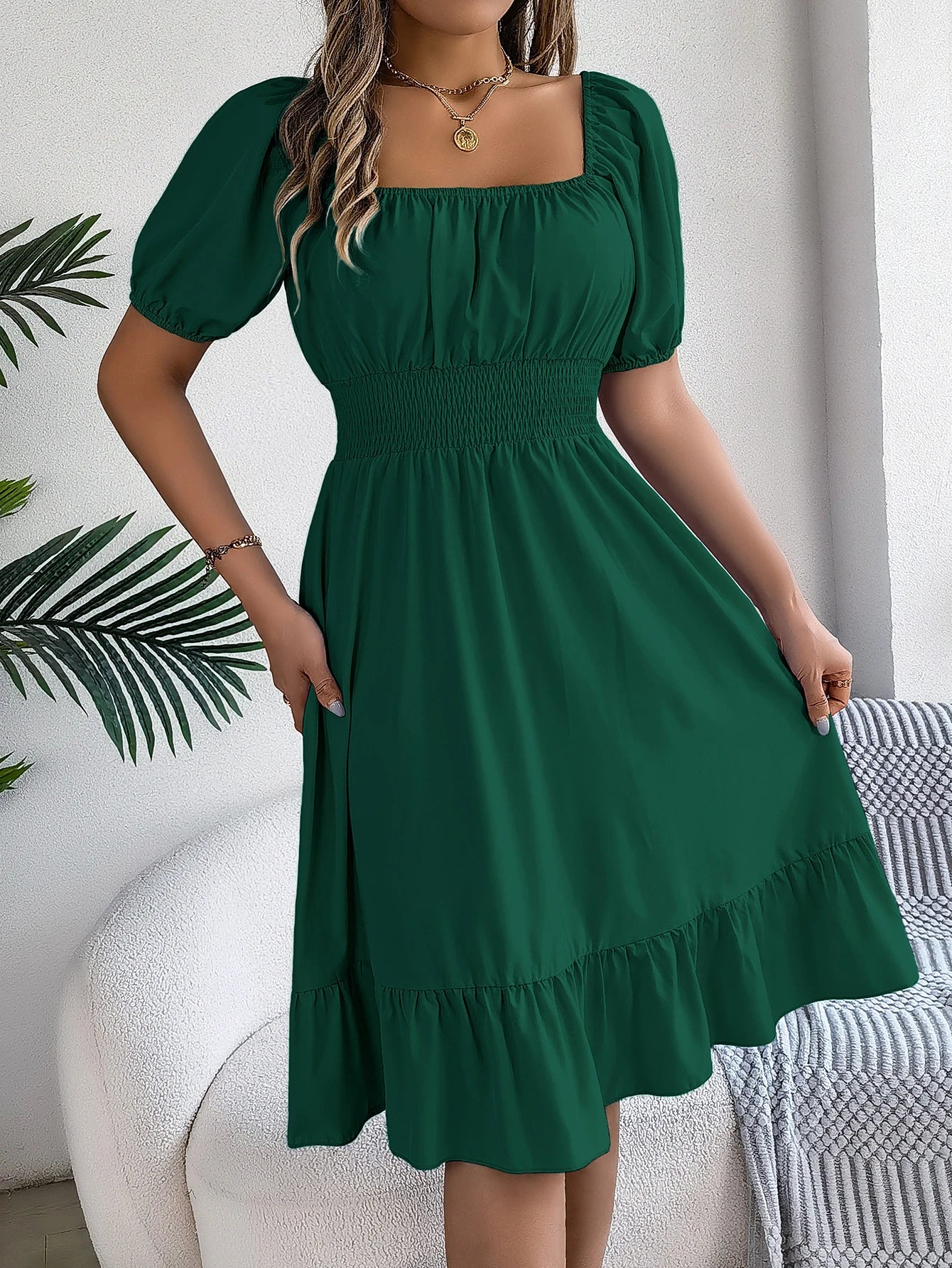 Women's Solid Puff Sleeve Square Neck Dress™ Ruched Bust Ruffle Hem Waist Dress,