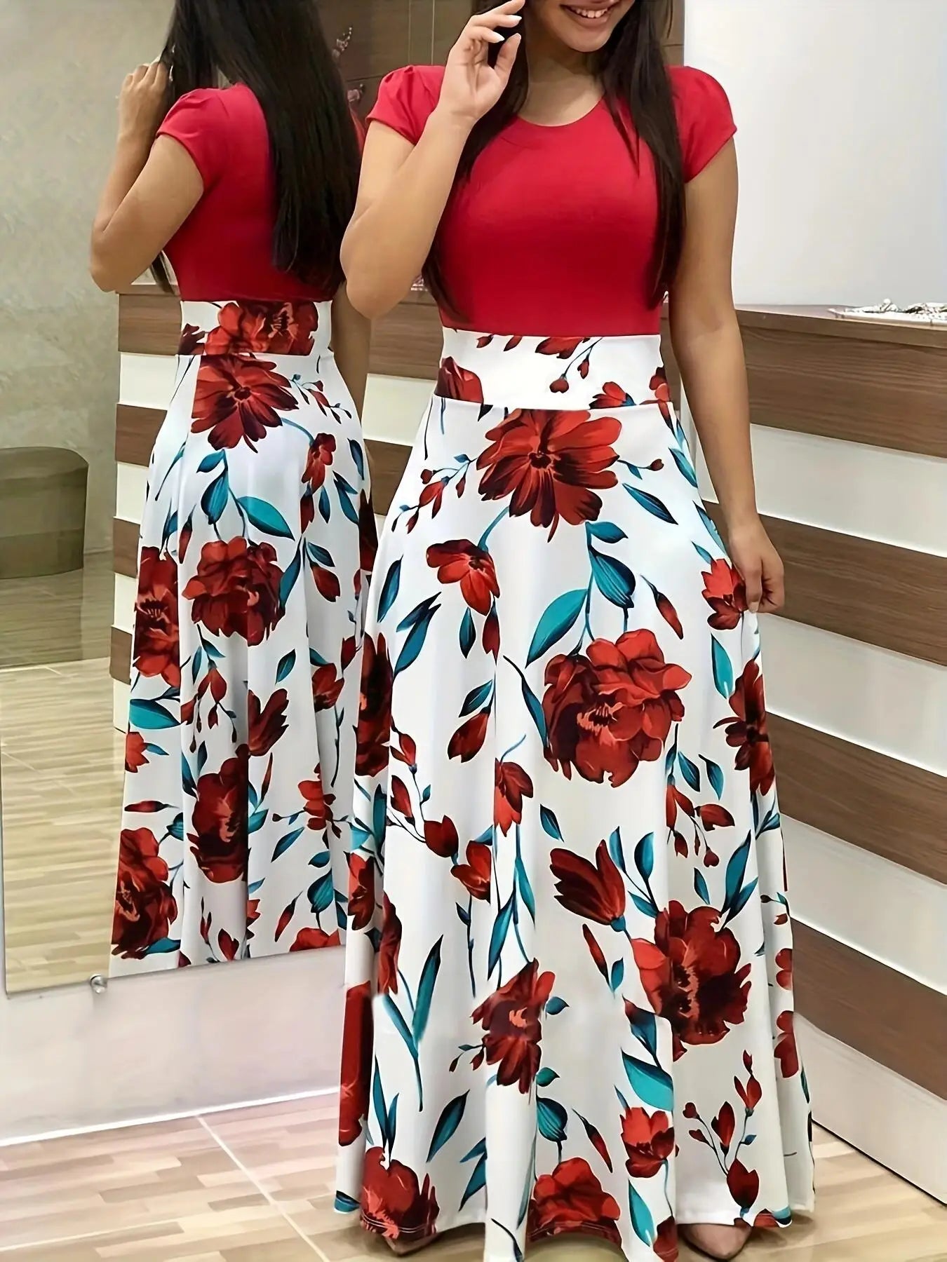 Women's Short Sleeves Dress™ Style flower print color matching short sleeved dresses