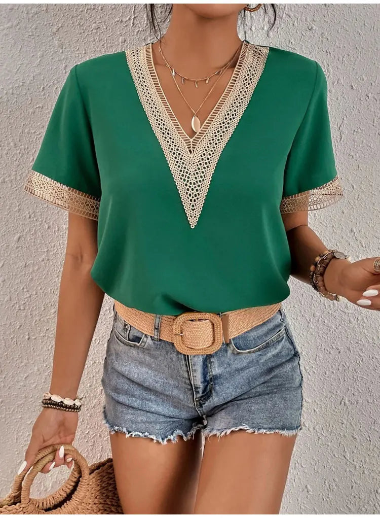 Women's Short Sleeve T-Shirt™ Summer Slim Fit Pullover Basic Tees V Neck Lace Tops Y2k Clothes