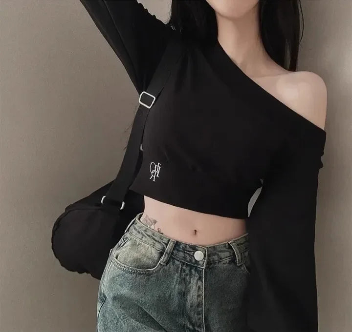 Women's Off-the-shoulder Sweatshirt™ Cropped Top Embroidery Loose-fit Windy Sweatshirt