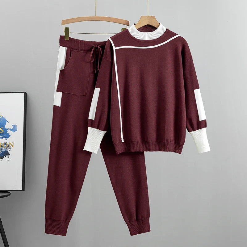 Women's Knitted Suit™ Autumn 2 Pieces Set Knitted Long Sleeve Pullovers Sweater Casual Patchwork Fashion Tops and Pants Suit