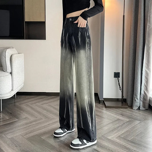 Women's High-waisted Black Grey Denim Pants™ Bell Bottoms Tie-dye Gradient Jeans