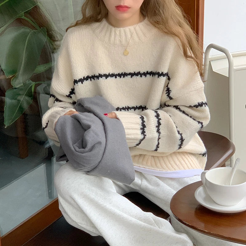 Women's Casual Pullovers™ Knitted Korean Loose Striped O-neck Long Sleeve Sweater