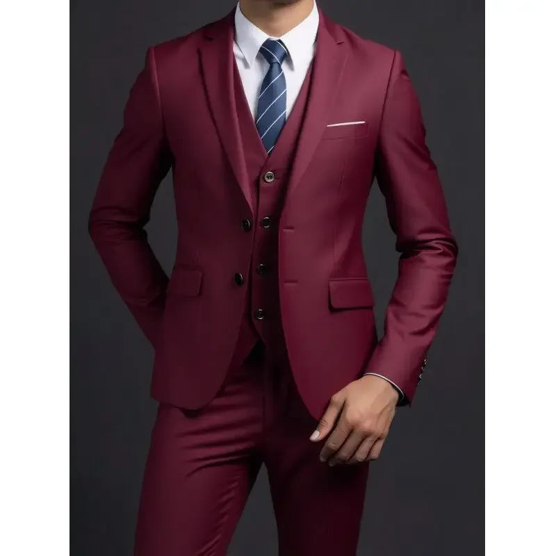 Men's Suit (Blazer+ Vest + Trousers) British Style Solid-color Suit