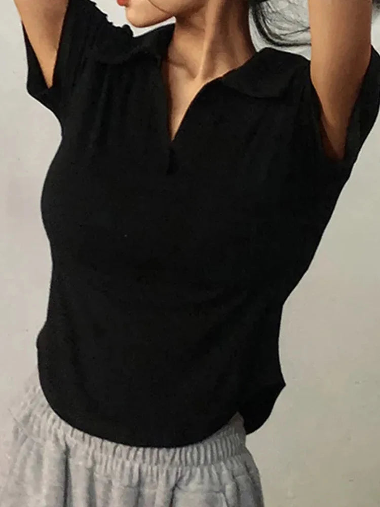 Women's Summer Short Sleeve Lapel Tops™ V-Neck Retro Slim Versatile Tee