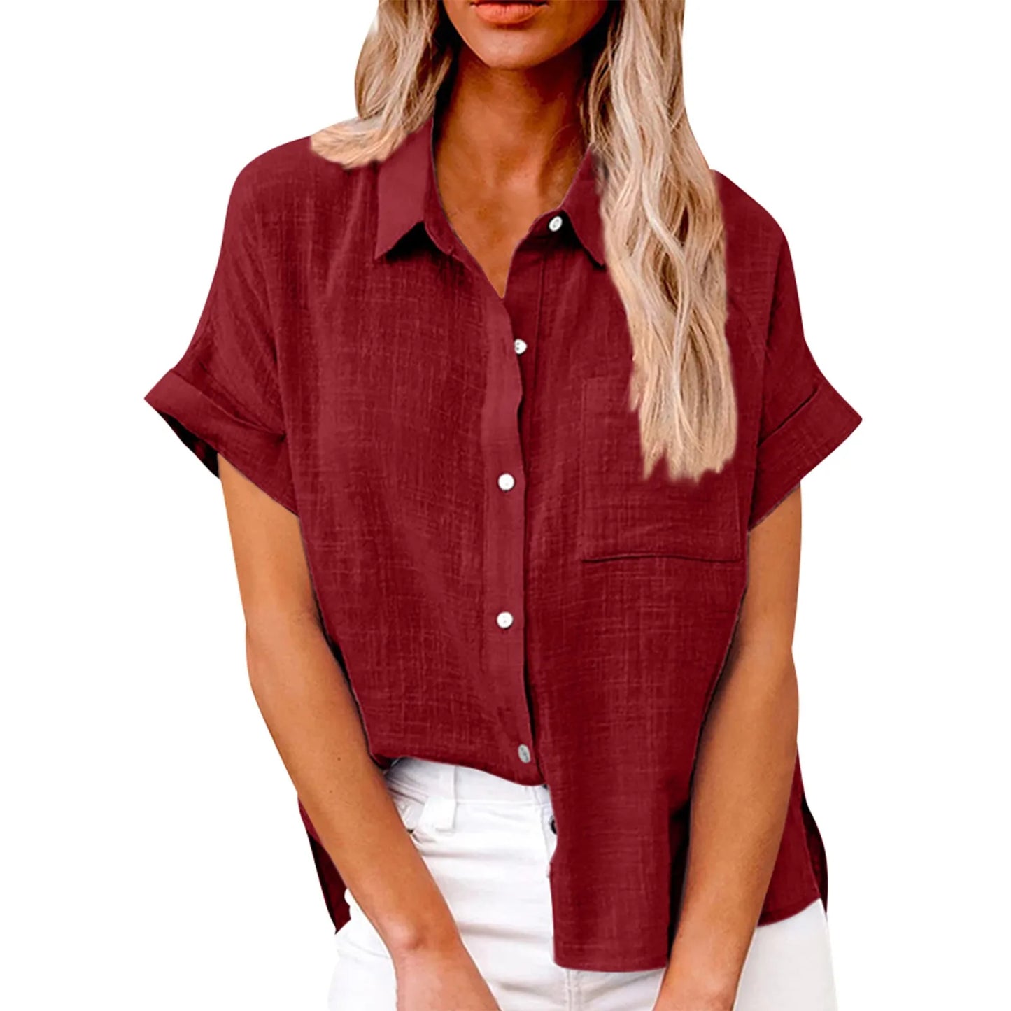 Women's  Cotton Linen Classic Shirts™ Short Sleeve Lapel Button Down Shirt