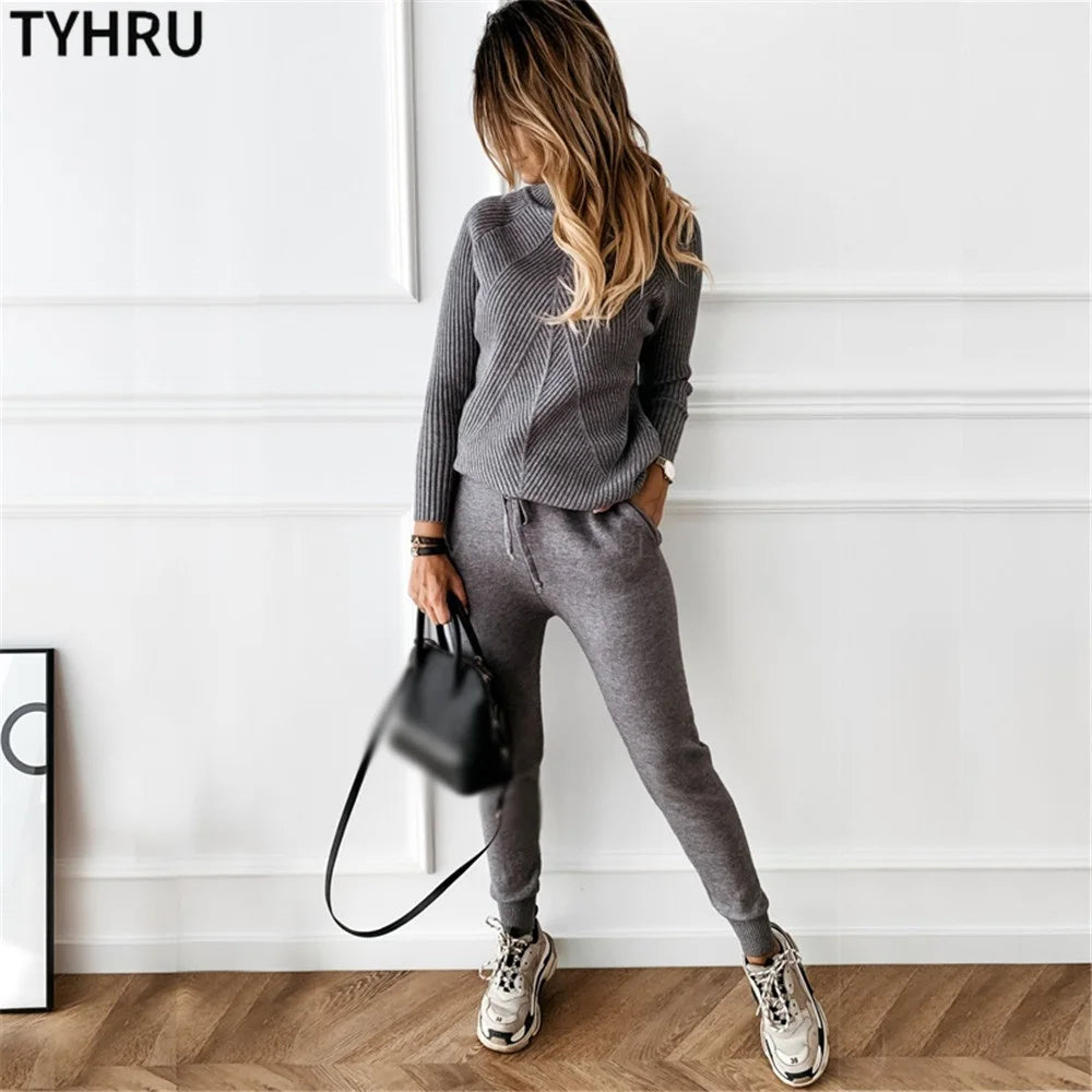 Women's tracksuit™ TYHRU Autumn Winter Knitted Striped Turtleneck Sweater and Elastic Trousers Set